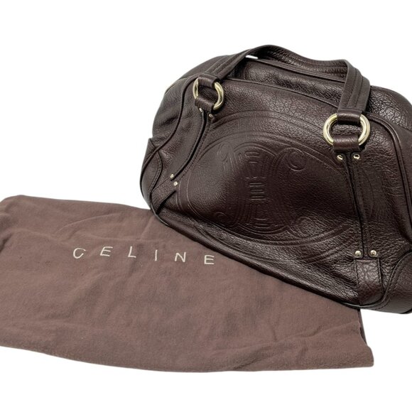 CELINE Vintage Macadam Big Logo Tote Bag Brown Gold Leather Nylon Zip [105063] - Picture 10 of 12